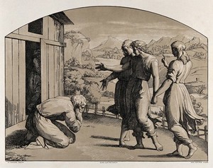 view Abraham and the three angels. Colour lithograph by L. Gruner after N. Consoni after Raphael.