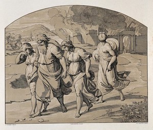 view Lot, his daughters and his wife leaving Sodom. Colour lithograph by L. Gruner after N. Consoni after Raphael.