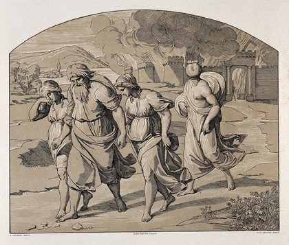 Lot, his daughters and his wife leaving Sodom. Colour lithograph by L. Gruner after N. Consoni after Raphael.