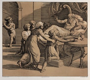 view Jacob receiving Isaacs blessing instead of Esau. Colour lithograph by L. Gruner after N. Consoni after Raphael.