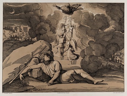 The vision of Jacob's ladder. Colour lithograph by L. Gruner after N. Consoni after Raphael.