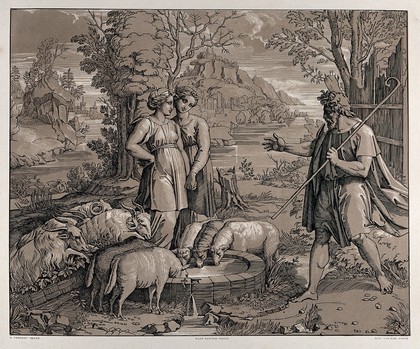 Jacob encounters Rachel and Leah at the well of Haran. Colour lithograph by L. Gruner after N. Consoni after Raphael.