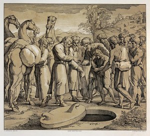 view Joseph being sold by his brothers. Colour lithograph by L. Gruner after N. Consoni after Raphael.