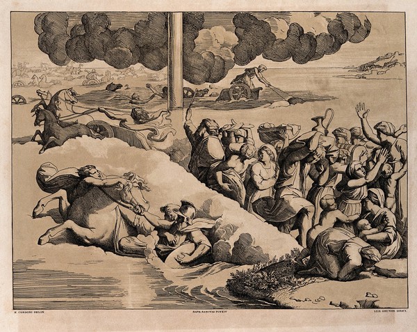 The passage through the Red sea. Colour lithograph by L. Gruner after N. Consoni after Raphael.
