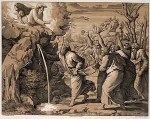 view Moses smiting the rock to supply water to his followers. Colour lithograph by L. Gruner after N. Consoni after Raphael.