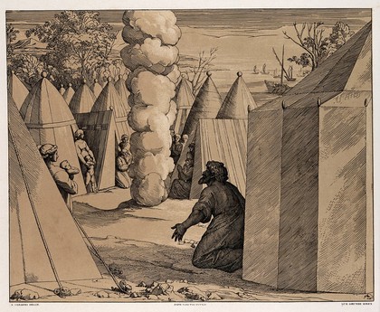God appearing as a column of smoke in the middle of the Israelites camp. Colour lithograph by L. Gruner after N. Consoni after Raphael.