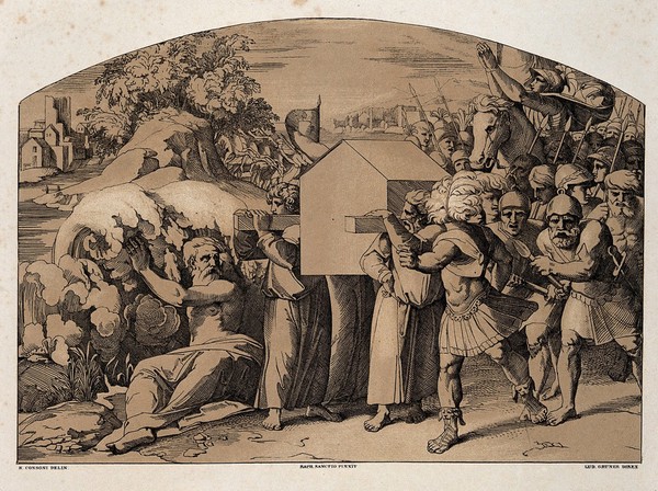 The Israelites passing the Jordan. Colour lithograph by L. Gruner after N. Consoni after Raphael.