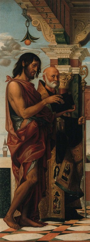 view Saint John the Baptist and Saint Benedict. Chromolithograph by L. Gruner after E. Kaiser after B. Montagna.