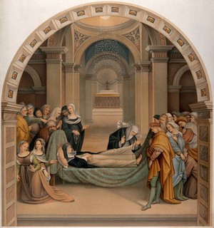 view Saint Agnes of Montepulciano raising her foot when kissed by Saint Catherine of Siena. Chromolithograph.