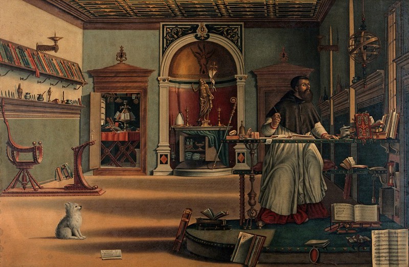 Saint Augustine in his study. Chromolithograph by F. Frick after Desideri after V. Carpaccio., 1887, by Vittore Carpaccio