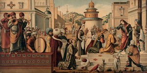 view Saint George baptising the Princess Cleodolinda and her father. Chromolithograph by W. Greve after Desideri after V. Carpaccio.