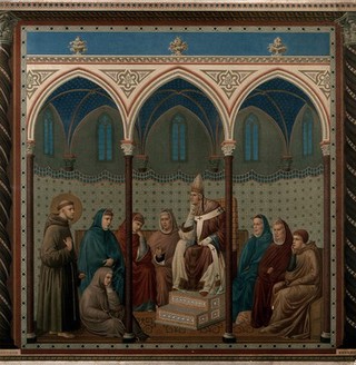 Saint Francis preaching before Pope Honorius III. Chromolithograph after Giotto.