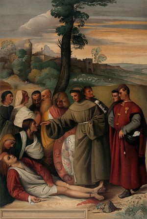 view Saint Antony of Padua healing the foot of a young man. Chromolithograph by L. Gruner, 1873, after E. Kaiser after Titian.