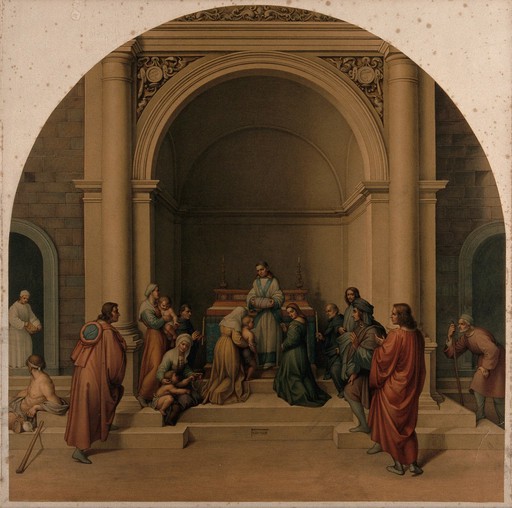 St. Filippo Benizzi healing children. Chromolithograph, 1869, by L. Gruner after Mariannecci after Andrea del Sarto, 1510.
