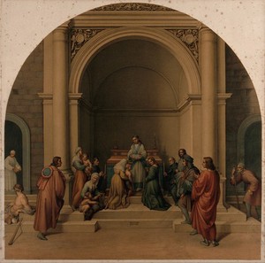 view Saint Filippo Benizzi healing children. Chromolithograph, 1869, by L. Gruner after C. Mariannecci after Andrea del Sarto, 1510.