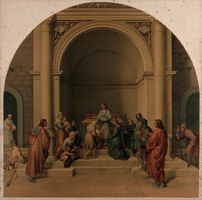 Saint Filippo Benizzi healing children. Chromolithograph, 1869, by L. Gruner after C. Mariannecci after Andrea del Sarto, 1510., 1869, by Andrea del Sarto