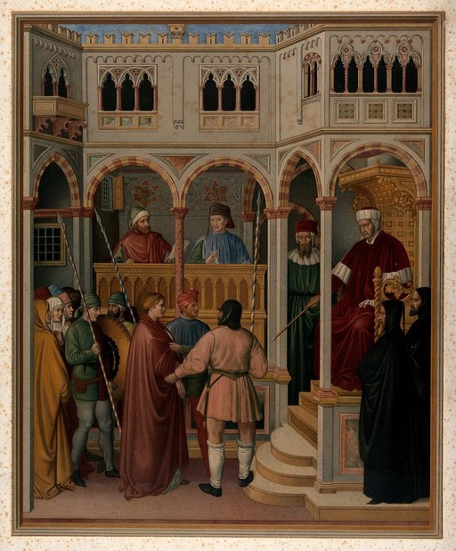 St. Lucy sentenced to death by the Roman praetor. Chromolithograph by L. Gruner after E. Kaiser after Jacopo d'Avanzo.