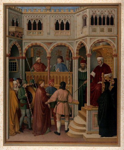Saint Lucy sentenced to death by the Roman praetor. Chromolithograph by L. Gruner after E. Kaiser after Jacopo Avanzo.