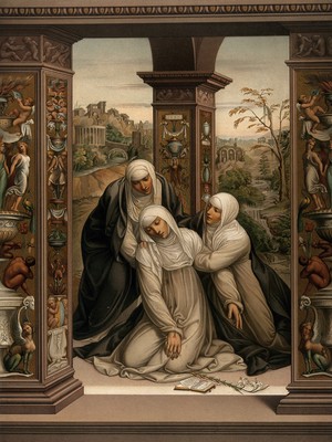 view Saint Catherine of Siena receiving the stigmata. Chromolithograph by Storch & Kremer, 1867, after C. Mariannecci after G.A. Bazzi, il Sodoma, 1527.