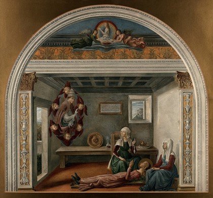 Saint Fina being foretold of her death by Saint Gregory the Great. Chromolithograph after D. Ghirlandaio, 1475.