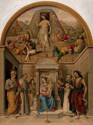 view The Virgin with Christ Child enthroned with Saints Peter, Francis, Dominic and John the Baptist; above, the Resurrection of Christ. Chromolithograph by L. Gruner after G. Sanzio.