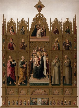 view The Virgin and Child with attendant saints. Chromolithograph by F. Frick after Scaraviglia after Niccolo da Foligno, 1471.