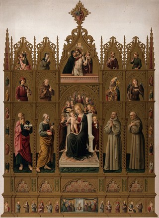 The Virgin and Child with attendant saints. Chromolithograph by F. Frick after Scaraviglia after Niccolo da Foligno, 1471.