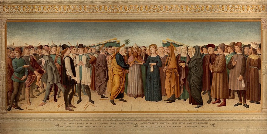 The betrothal of the Virgin. Chromolithograph by W. Greve after Fattorini after Lorenzo da Viterbo, 1469.