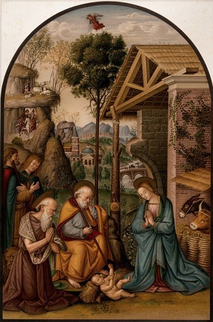 view The nativity of Christ. Chromolithograph by W. Greve after Fattorini after B. Betti, il Pintoricchio.