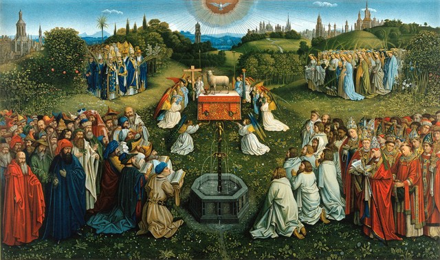 The adoration of the lamb. Chromolithograph after Jan van Eyck.