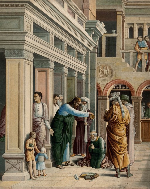 The conversion of Hermogenes the sorcerer. Chromolithograph by Storch and Kramer after Mariannecci after Mantegna.