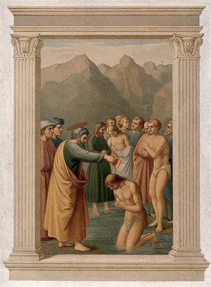 view Saint Peter baptizing. Chromolithograph by L. Gruner after C. Mariannecci after Masaccio.