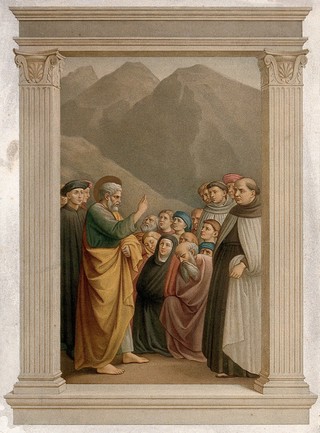 Saint Peter preaching. Chromolithograph by L. Gruner, 1861, after C. Mariannecci after Tommaso di Cristoforo Fini, il Masolino.