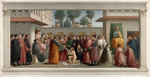 view Saint Peter raising the son of Theophilus, and the homage to Saint Peter. Chromolithograph by L. Gruner, 1863, after C. Marianecci after Masaccio and Filippino Lippi.