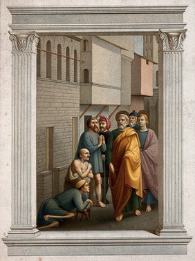 Saint Peter and Saint John healing the sick by their shadows. Chromolithograph by L. Gruner, 1863, after C. Mariannecci after Masaccio.