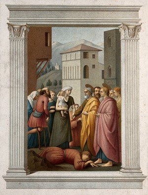 view Saint Peter giving alms. Chromolithograph by L. Gruner, 1863, after C. Mariannecci after Masaccio.