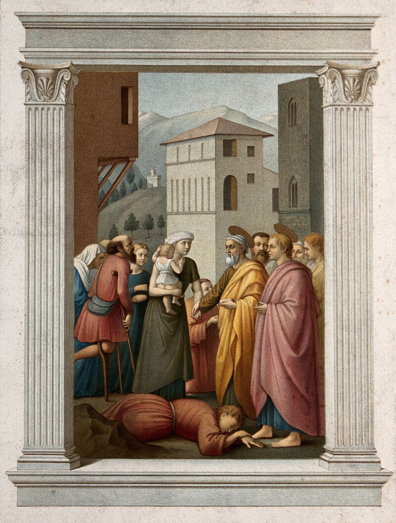 Saint Peter giving alms. Chromolithograph by L. Gruner, 1863, after C. Mariannecci after Masaccio., 1863, by Masaccio