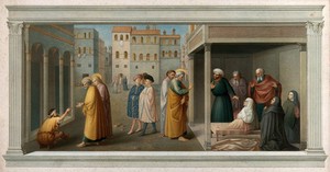 view Saint Peter and Saint John healing a lame man and Saint Peter raising Tabitha. Chromolithograph by L. Gruner after C. Mariannecci after Masolino.