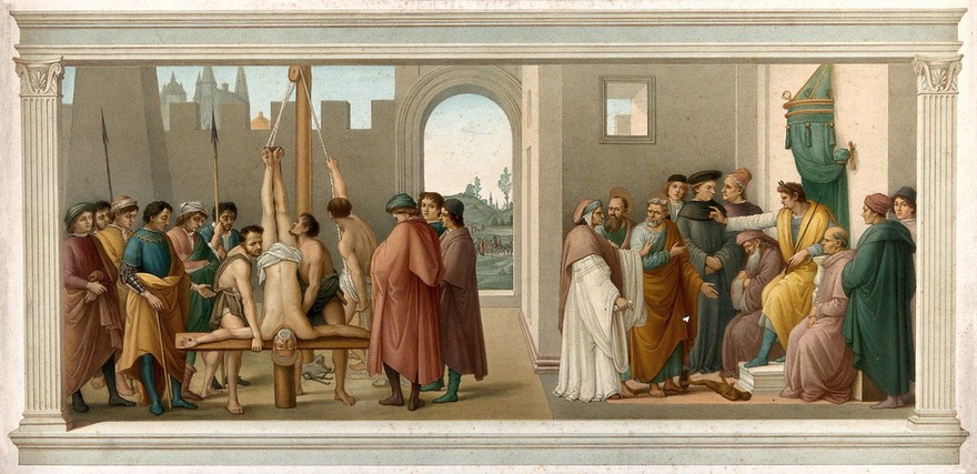 Saint Peter and Simon Magus before the emperor Nero (right); the crucifixion of Saint Peter (left). Chromolithograph after Filippino Lippi.