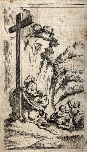 view A hermit in devotion before the Cross, turning his back on children with instruments of arts and sciences (a lute, a celestial globe, a book, and a paintbrush). Etching.