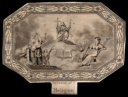 The three theological virtues: Faith enthroned in the middle; Charity on the left, and Hope on the right. Aquatint.