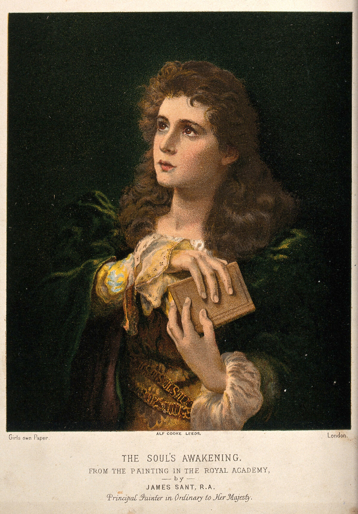 A young woman pressing a half-open book to her heart, her eyes raised upwards, as she undergoes a religious revelation. Colour lithograph after James Sant., by James Sant