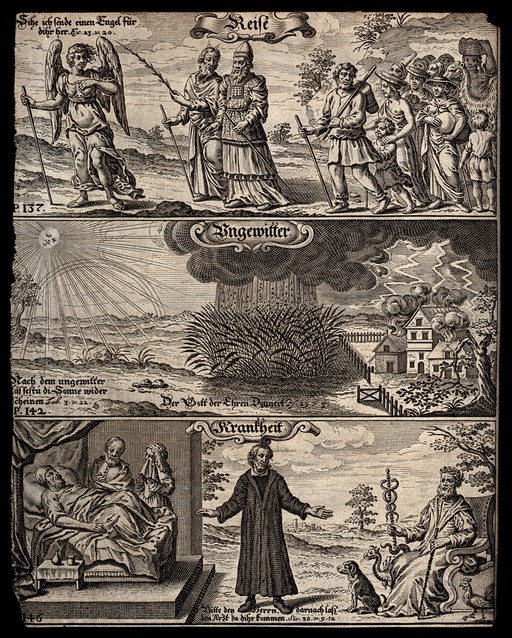 God's protection in various forms of distress: travellers led by an angel; good weather after a storm; the doctor called to a sick bed. Etching.