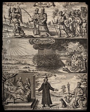 view God's protection in various forms of distress: the angel of the Lord guides Moses and Aaaron who lead the people on a journey; good weather after a thunderstorm; a man prays for a doctor to be called to a sick bed. Etching.