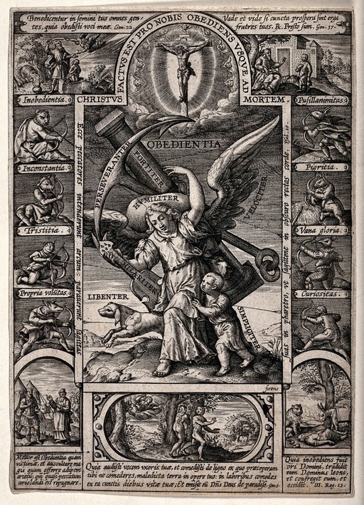 A personification of Obedience with her attributes is attacked from the sides by eight vices; above her appears Christ on the cross; (top left) the sacrifice of Isaac; (right) Jacob sends Joseph to his brothers; (below) three examples of disobedience, including the expulsion from Paradise. Engraving.