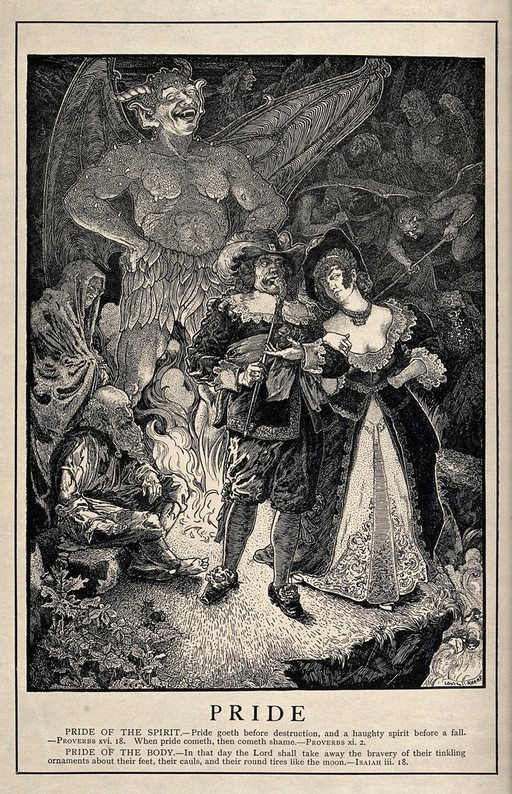 An allegory of pride: a richly dressed couple with an elegant attitude ignore the poor by their side and walk straight over the edge of a cliff; behind them stands an enormous devil who watches them; demons appear in the background. Wood engraving by Lovil Rhead.