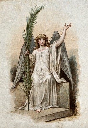 view An angel sits on a stone, raises his left hand and holds a palm branch in the other hand. Colour lithograph.