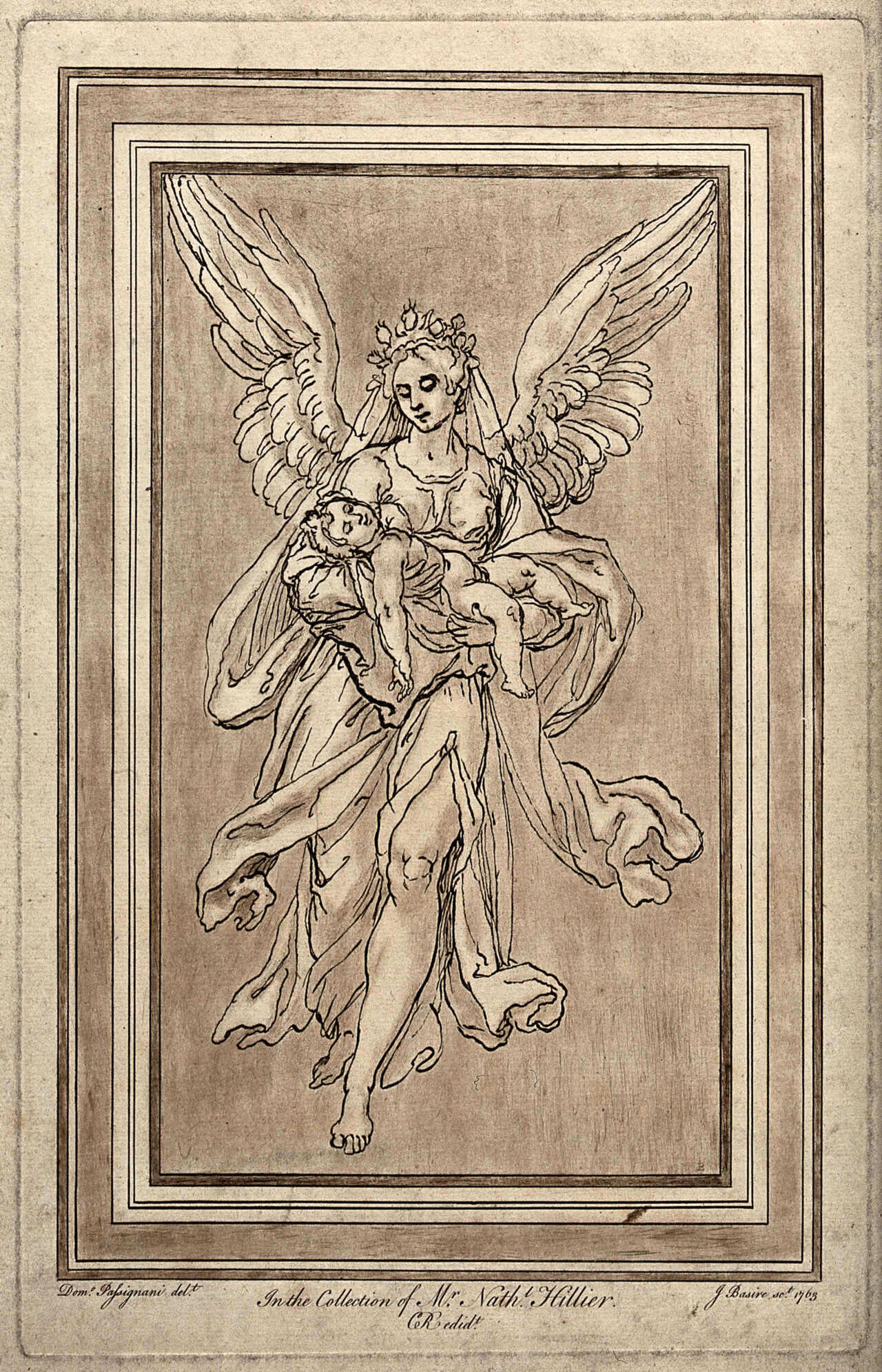 A guardian angel (or Night) carries a sleeping child. Etching by James Basire, 1763, after Domenico Cresti, il Passignano., 1778, by Domenico Passignano