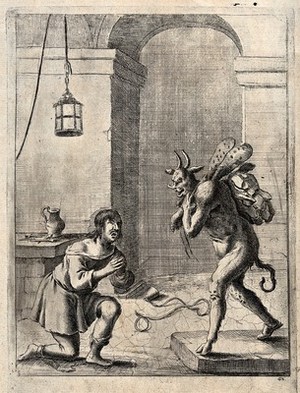 view A man in prison praying to the devil to have him released. Etching by D. Stoop.