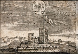 view A building flying a pennent from a tower, surrounded by small houses; above, the appearance of three nuns holding rosaries, one of them carrying a cross. Engraving, 16--.